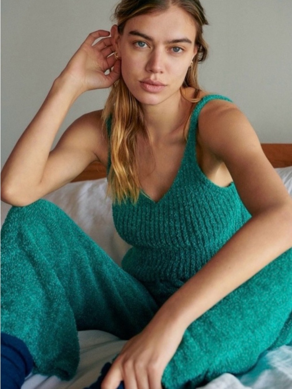 Anthropologie Lorna Cozy Teal Knit Fuzzy Lounge Set - Crop Top & Pants Small